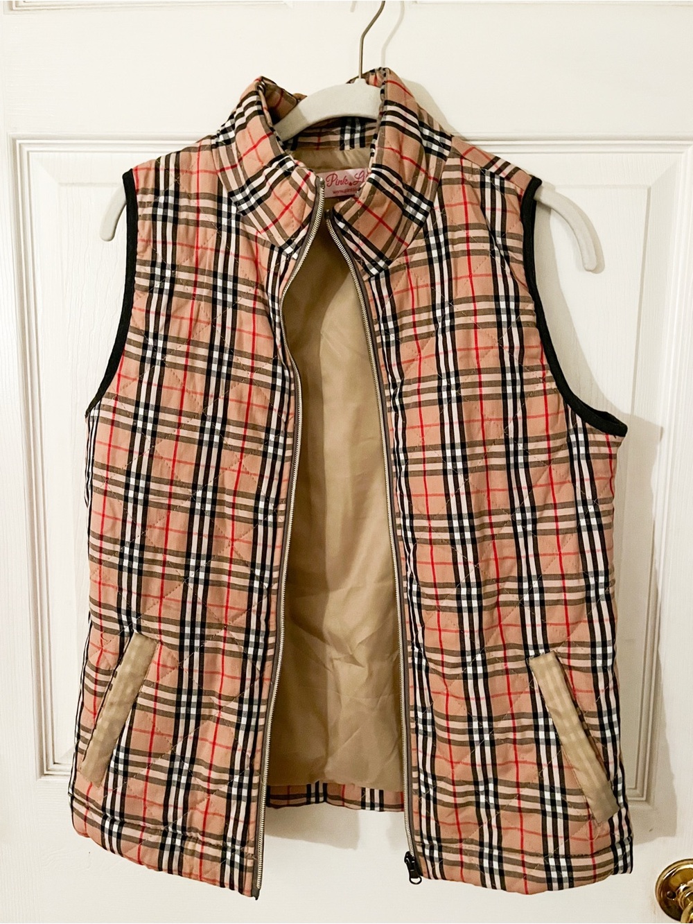 Pink Lily Beige Plaid Quilted Vest